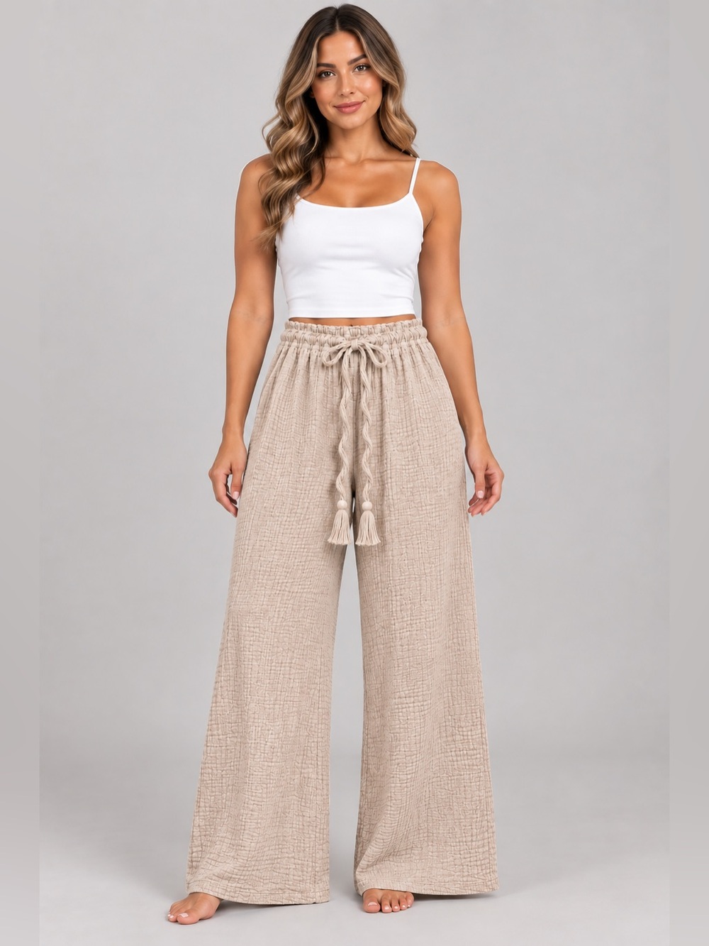 Mable Women's Beach Pants Size Medium - Beige Textured Wide-Leg Cover-Up
